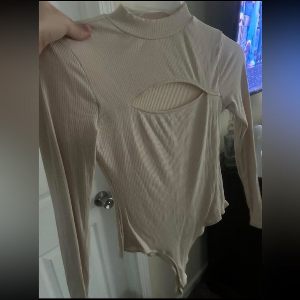 Beige Long Sleeve Cutout Bodysuit